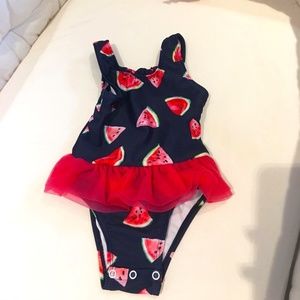 Snapper Rock Baby Girl Swimsuit Blue With Pink Watermelon Size 6-12 Months